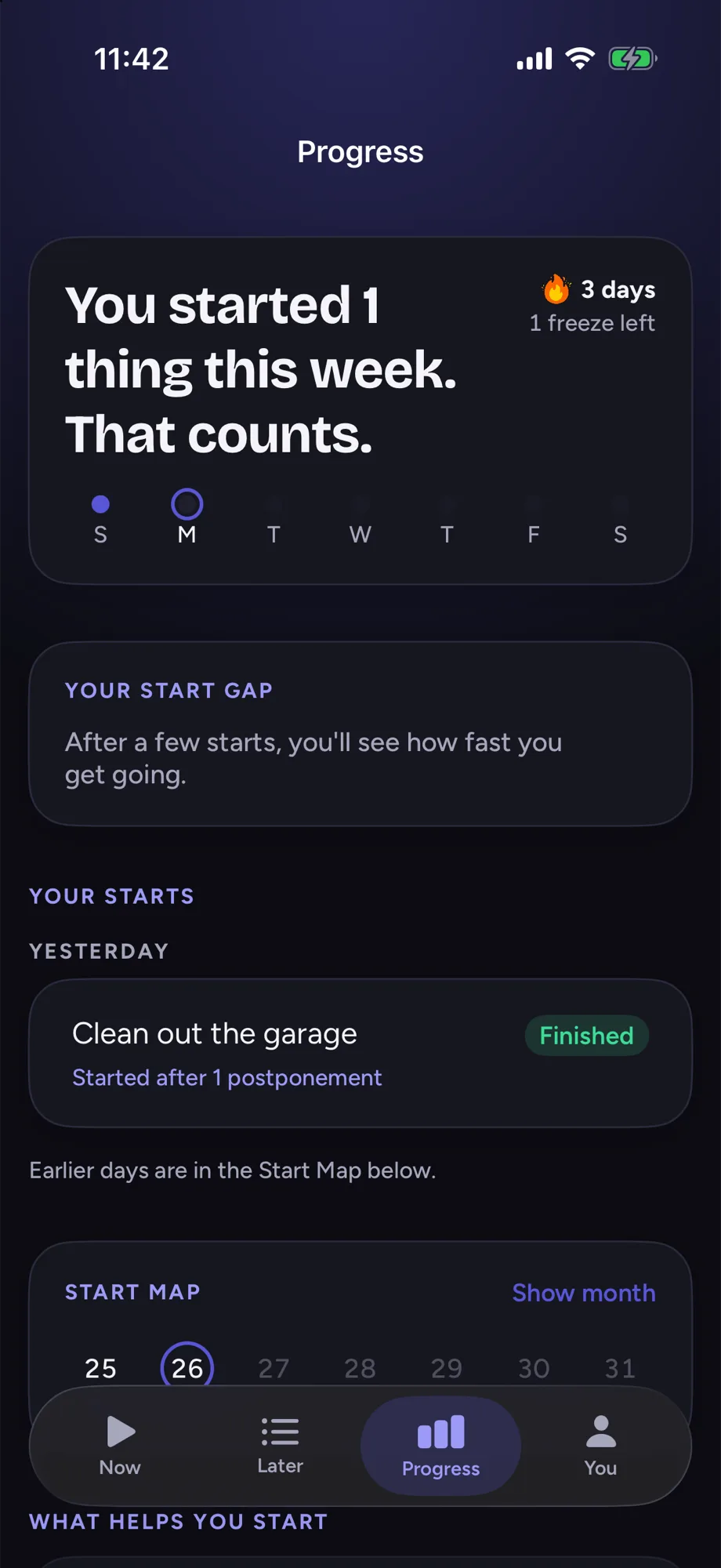 Nokoto's Progress screen: "You started 1 thing this week. That counts."